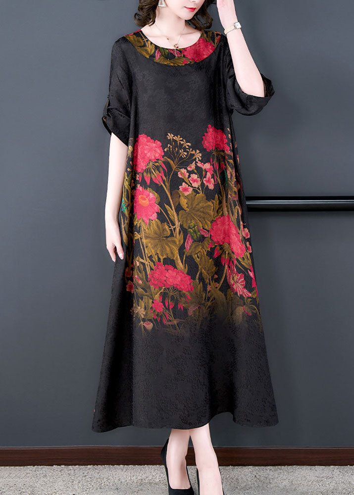 Elegant Black O Neck Print Patchwork Silk Long Dress Summer LY5957 Ada Fashion