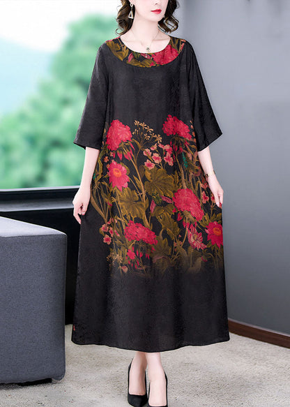 Elegant Black O Neck Print Patchwork Silk Long Dress Summer LY5957 Ada Fashion