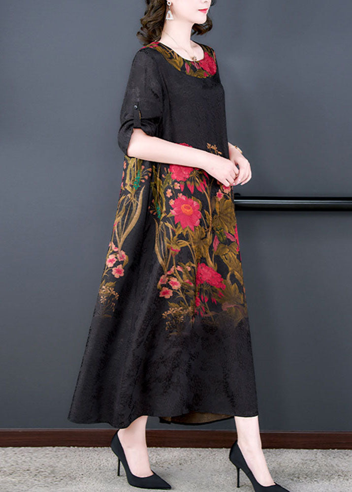 Elegant Black O Neck Print Patchwork Silk Long Dress Summer LY5957 Ada Fashion