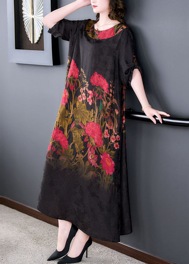 Elegant Black O Neck Print Patchwork Silk Long Dress Summer LY5957 Ada Fashion