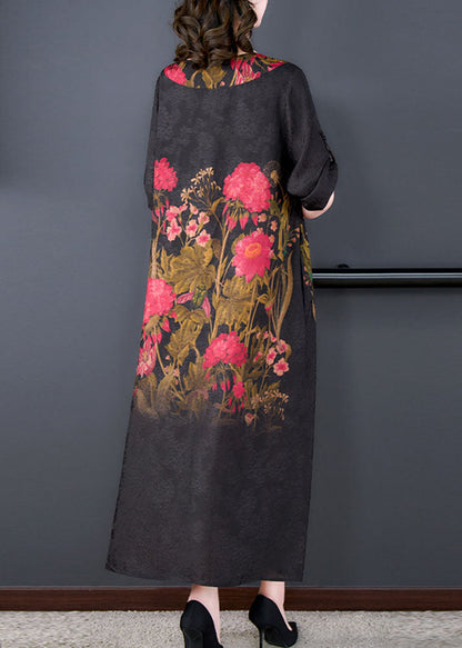 Elegant Black O Neck Print Patchwork Silk Long Dress Summer LY5957 Ada Fashion