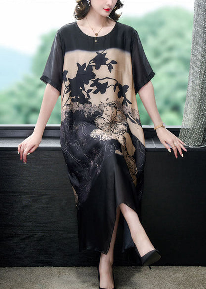 Elegant Black O Neck Print Patchwork Silk Long Dresses Summer LY5900 - fabuloryshop