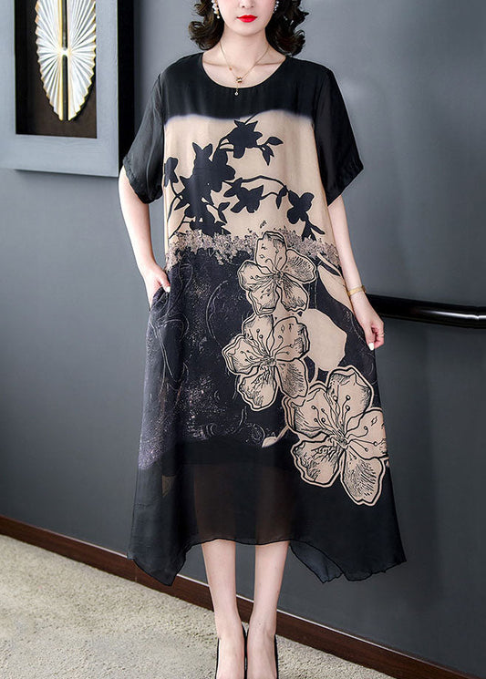 Elegant Black O Neck Print Patchwork Silk Long Dresses Summer LY5900 - fabuloryshop