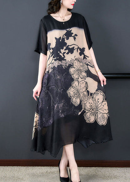 Elegant Black O Neck Print Patchwork Silk Long Dresses Summer LY5900 - fabuloryshop