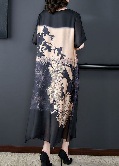 Elegant Black O Neck Print Patchwork Silk Long Dresses Summer LY5900 - fabuloryshop