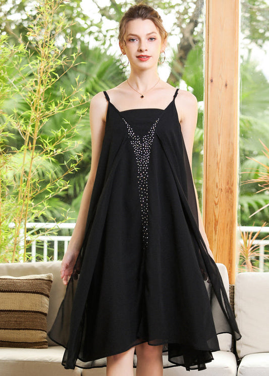 Elegant Black Oversized Diamond Chiffon Spaghetti Strap Dress Summer LY0264 - fabuloryshop