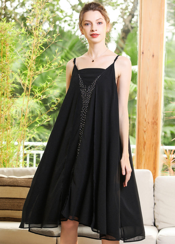 Elegant Black Oversized Diamond Chiffon Spaghetti Strap Dress Summer LY0264 - fabuloryshop