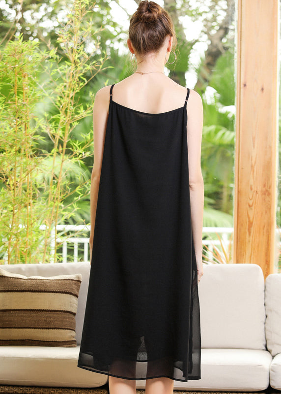 Elegant Black Oversized Diamond Chiffon Spaghetti Strap Dress Summer LY0264 - fabuloryshop