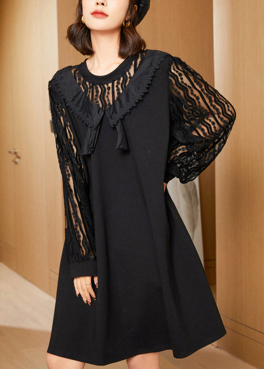 Elegant Black Oversized Lace Patchwork Hollow Out Spandex Dress Spring LY0304 - fabuloryshop