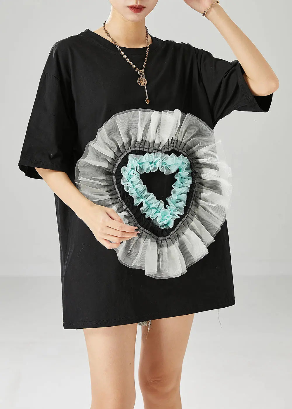 Elegant Black Oversized Patchwork Love Appliqued Cotton Tank Tops Summer Ada Fashion