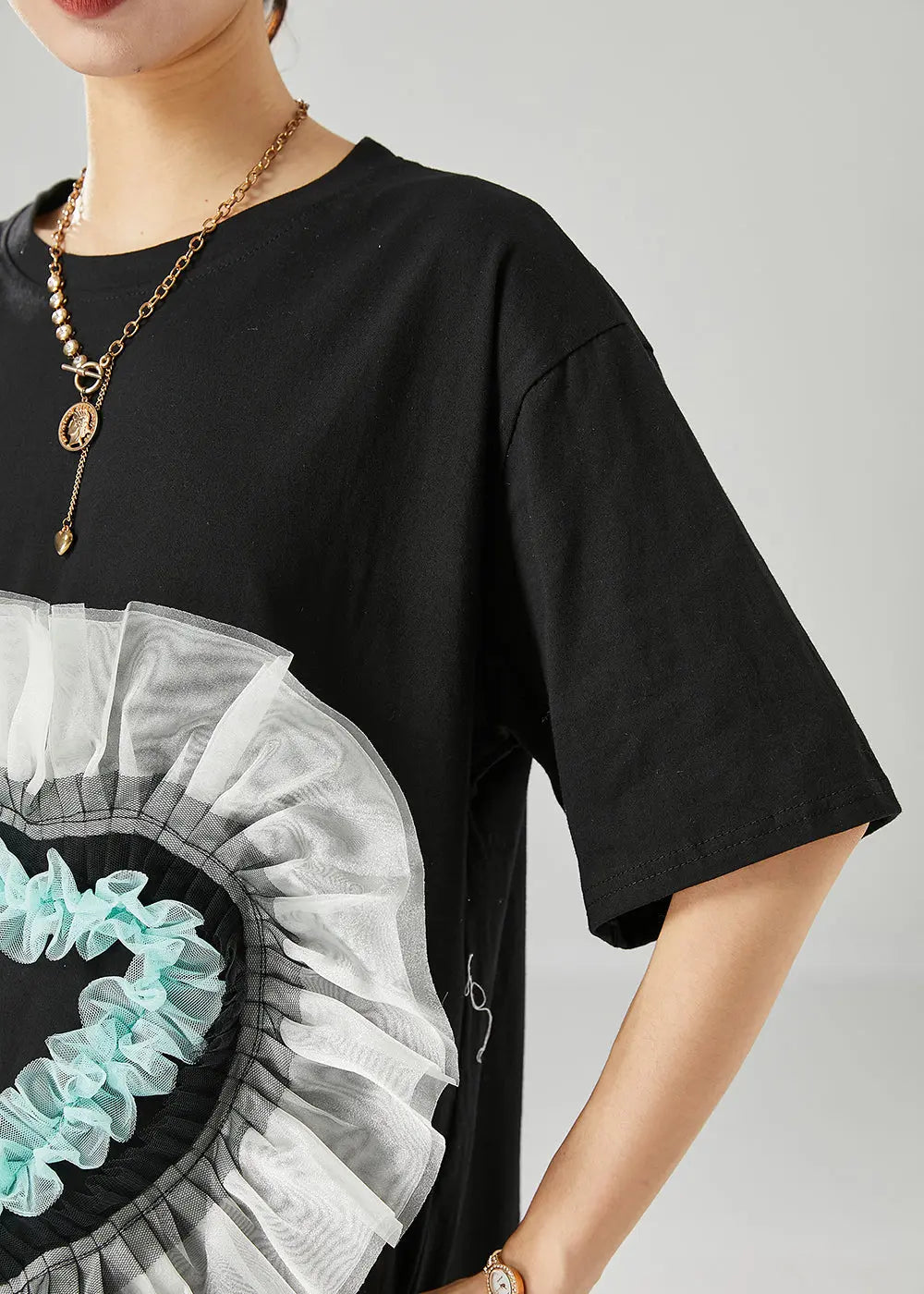 Elegant Black Oversized Patchwork Love Appliqued Cotton Tank Tops Summer Ada Fashion