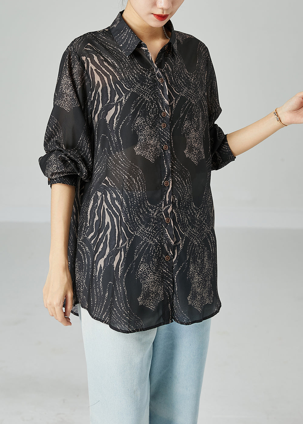 Elegant Black Oversized Print Chiffon Blouse Tops Summer LY2461 - fabuloryshop