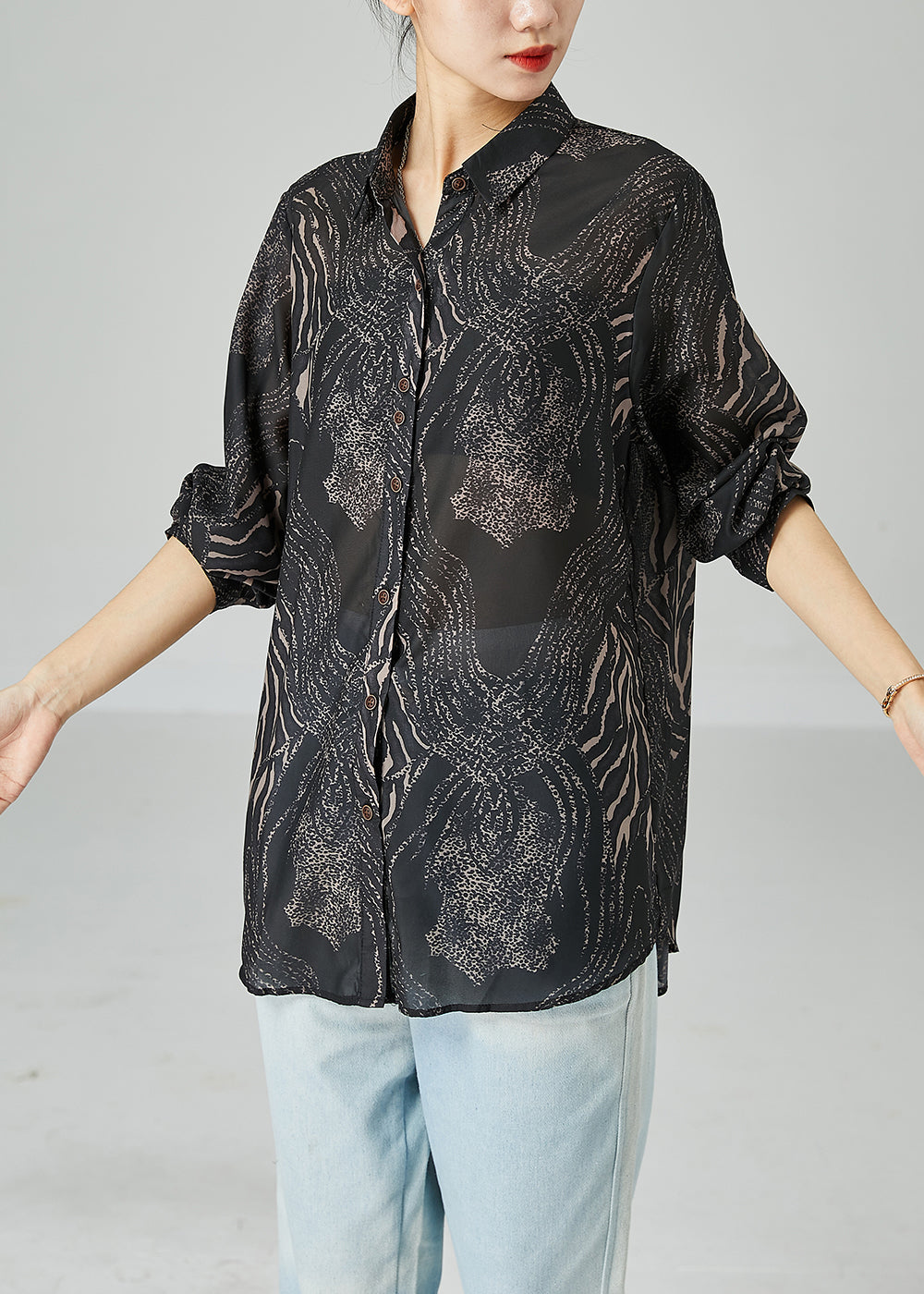 Elegant Black Oversized Print Chiffon Blouse Tops Summer LY2461 - fabuloryshop