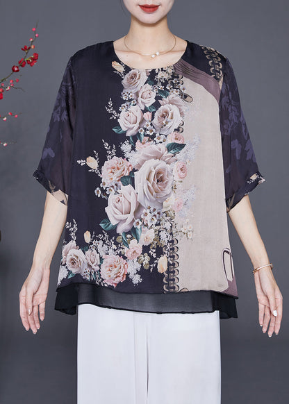 Elegant Black Oversized Print Chiffon Fake Two Piece Blouse Tops Summer Ada Fashion