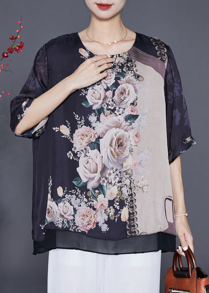 Elegant Black Oversized Print Chiffon Fake Two Piece Blouse Tops Summer Ada Fashion