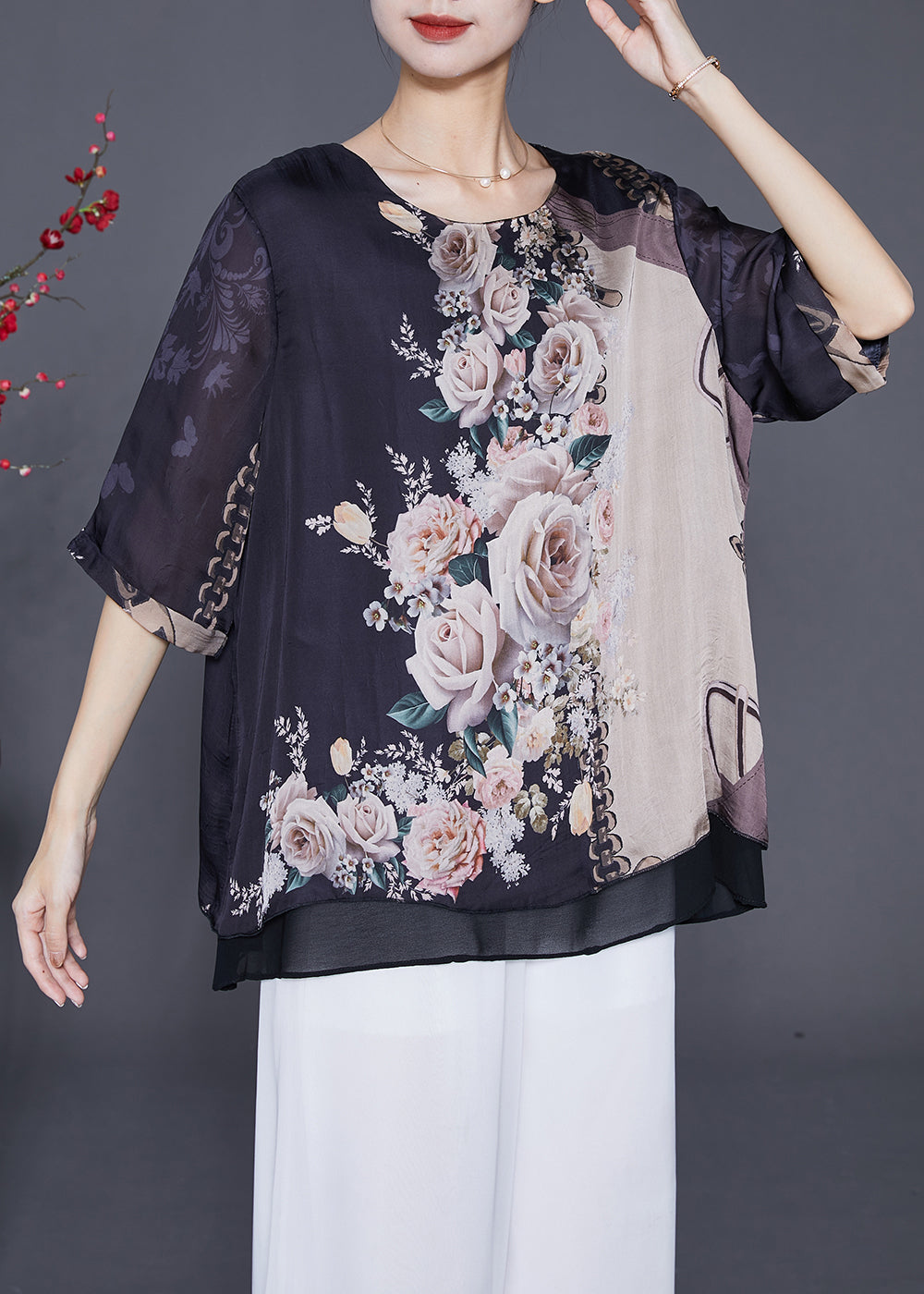 Elegant Black Oversized Print Chiffon Fake Two Piece Blouse Tops Summer Ada Fashion