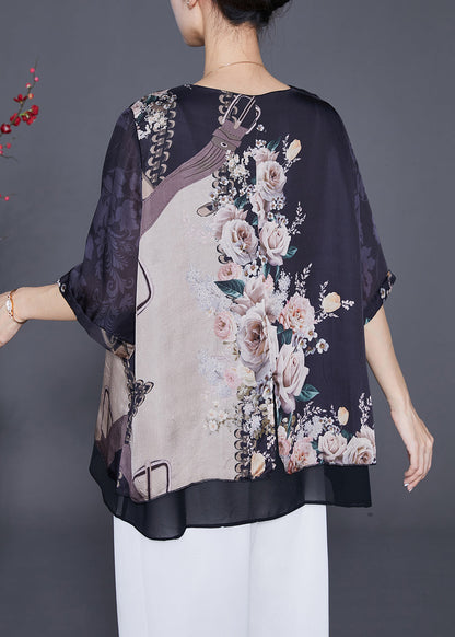 Elegant Black Oversized Print Chiffon Fake Two Piece Blouse Tops Summer Ada Fashion