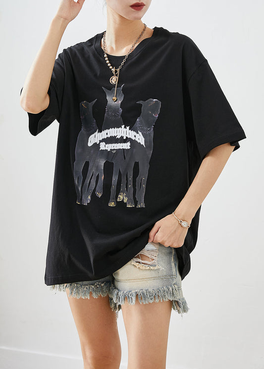 Elegant Black Oversized Print Cotton Tops Summer Ada Fashion