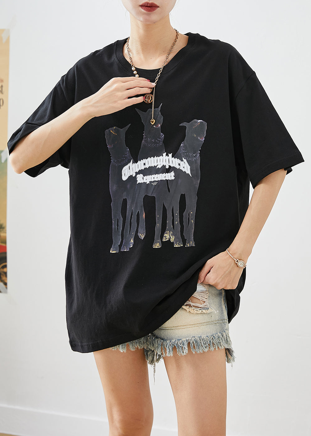 Elegant Black Oversized Print Cotton Tops Summer Ada Fashion