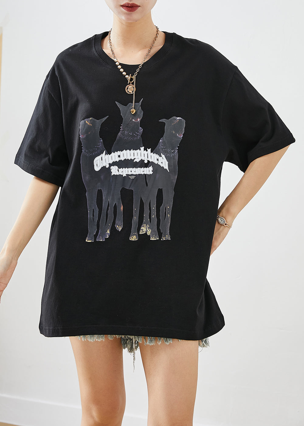 Elegant Black Oversized Print Cotton Tops Summer Ada Fashion