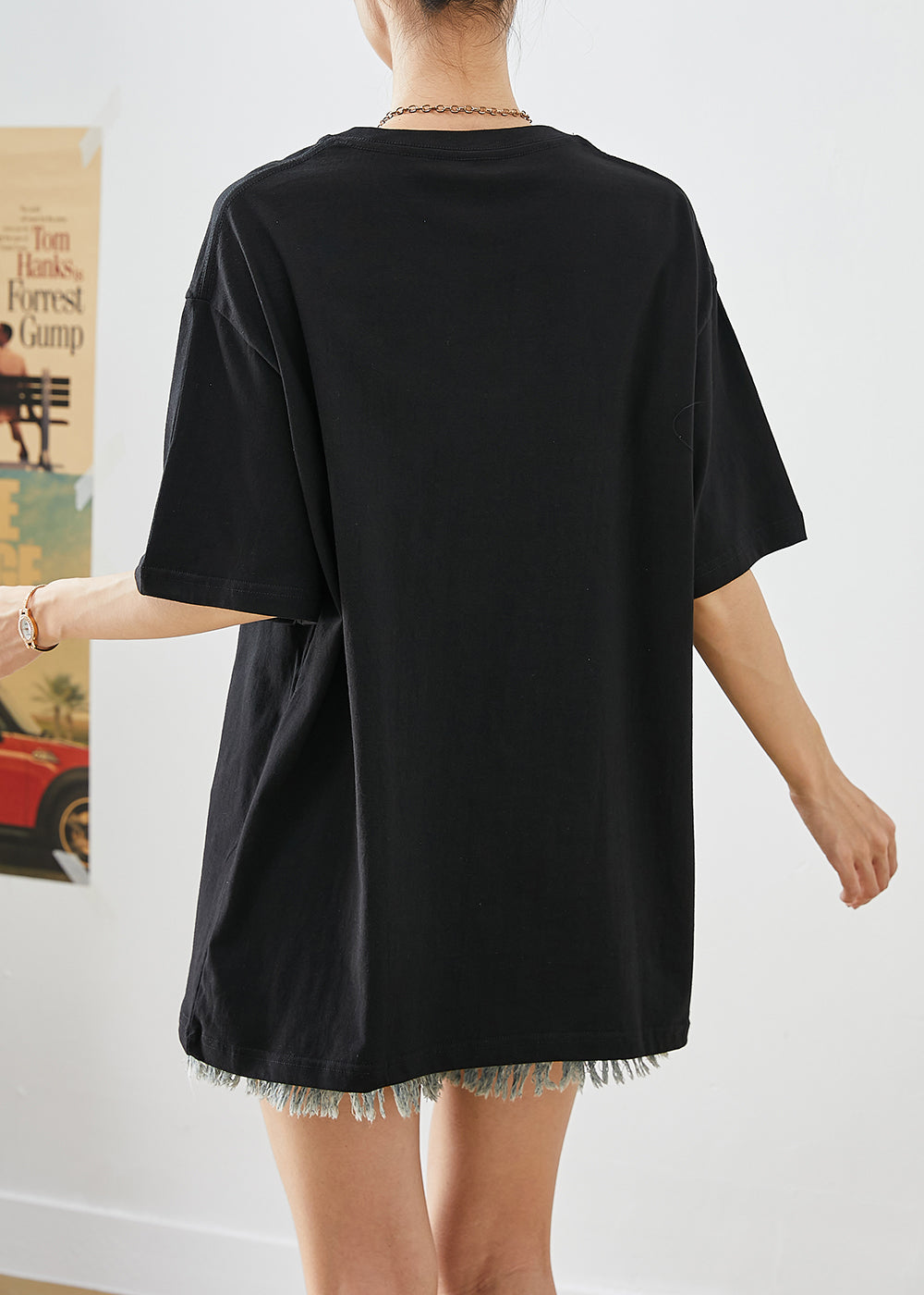 Elegant Black Oversized Print Cotton Tops Summer Ada Fashion