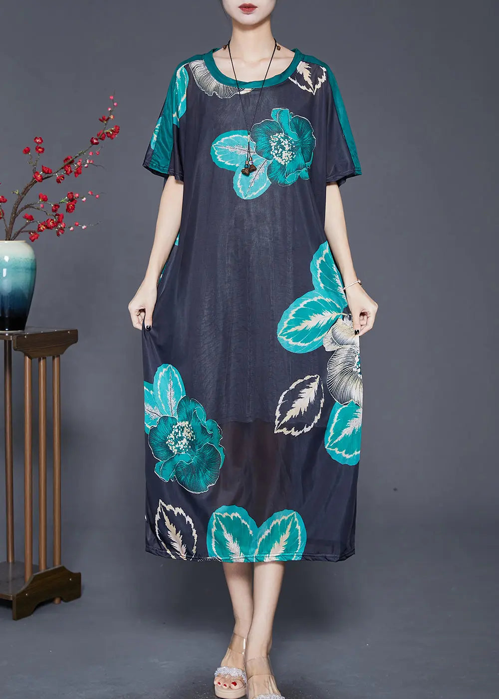 Elegant Black Oversized Print Silk Maxi Dresses Summer Ada Fashion