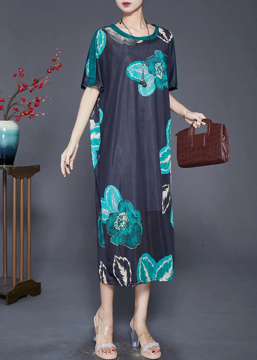 Elegant Black Oversized Print Silk Maxi Dresses Summer Ada Fashion