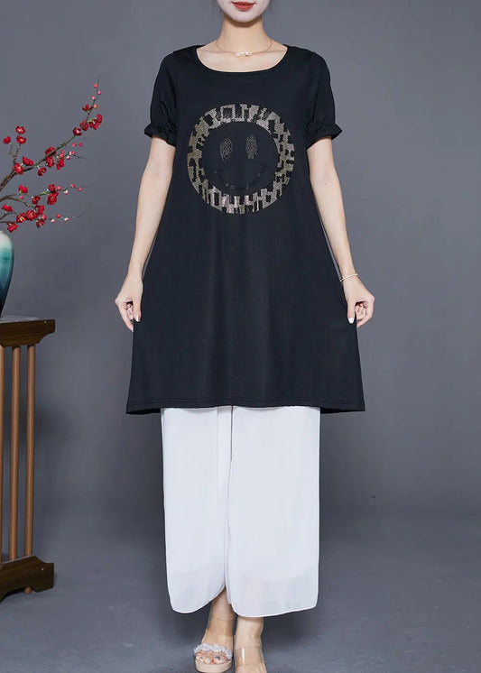 Elegant Black Oversized Smiling Face Zircon Chiffon Dresses Summer Ada Fashion