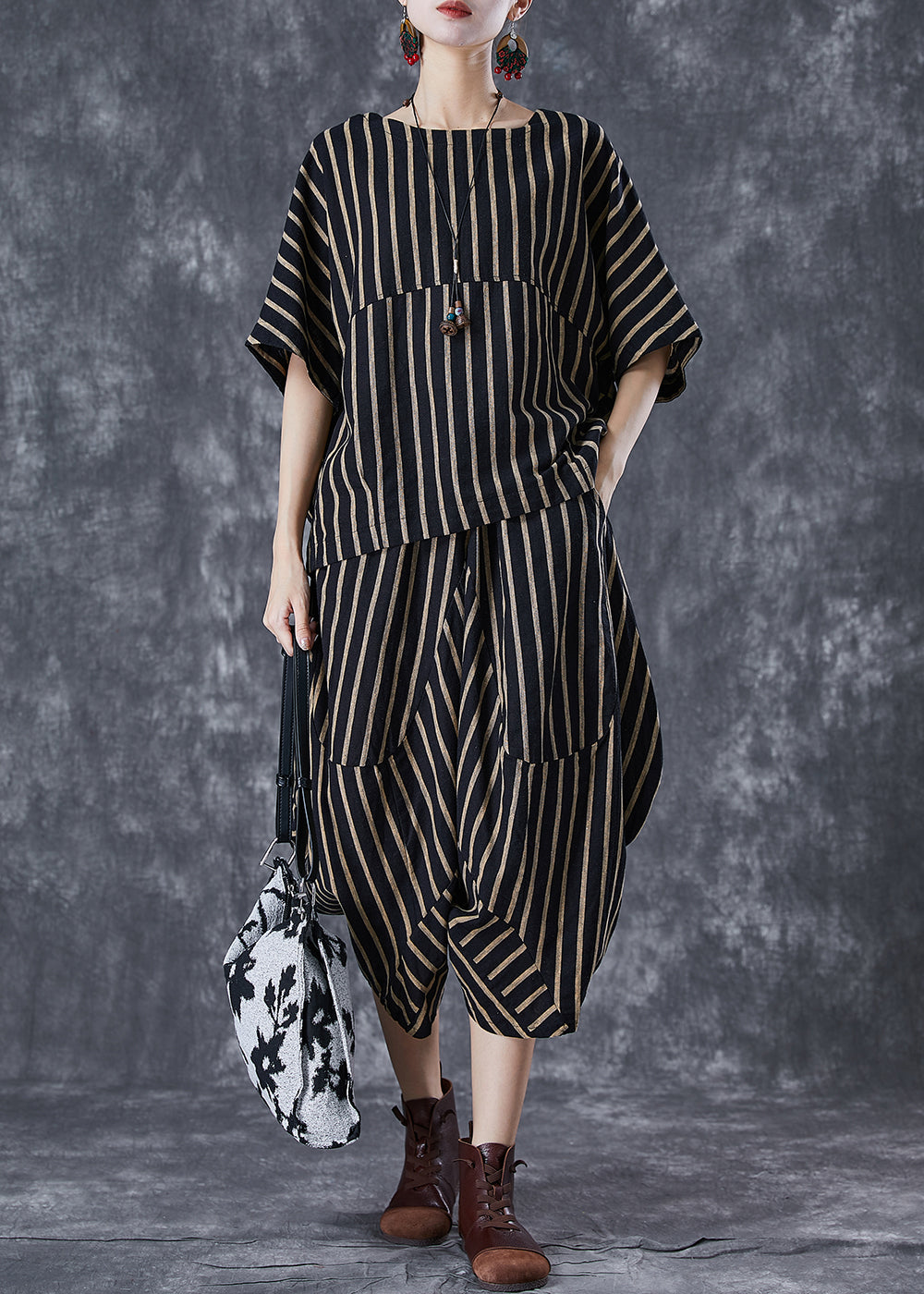 Elegant Black Oversized Striped Linen Women Sets 2 Pieces Summer TD1050 - fabuloryshop