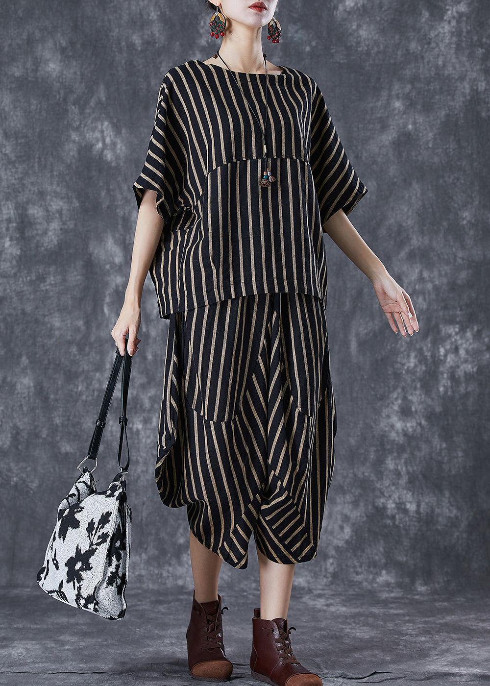 Elegant Black Oversized Striped Linen Women Sets 2 Pieces Summer TD1050 - fabuloryshop