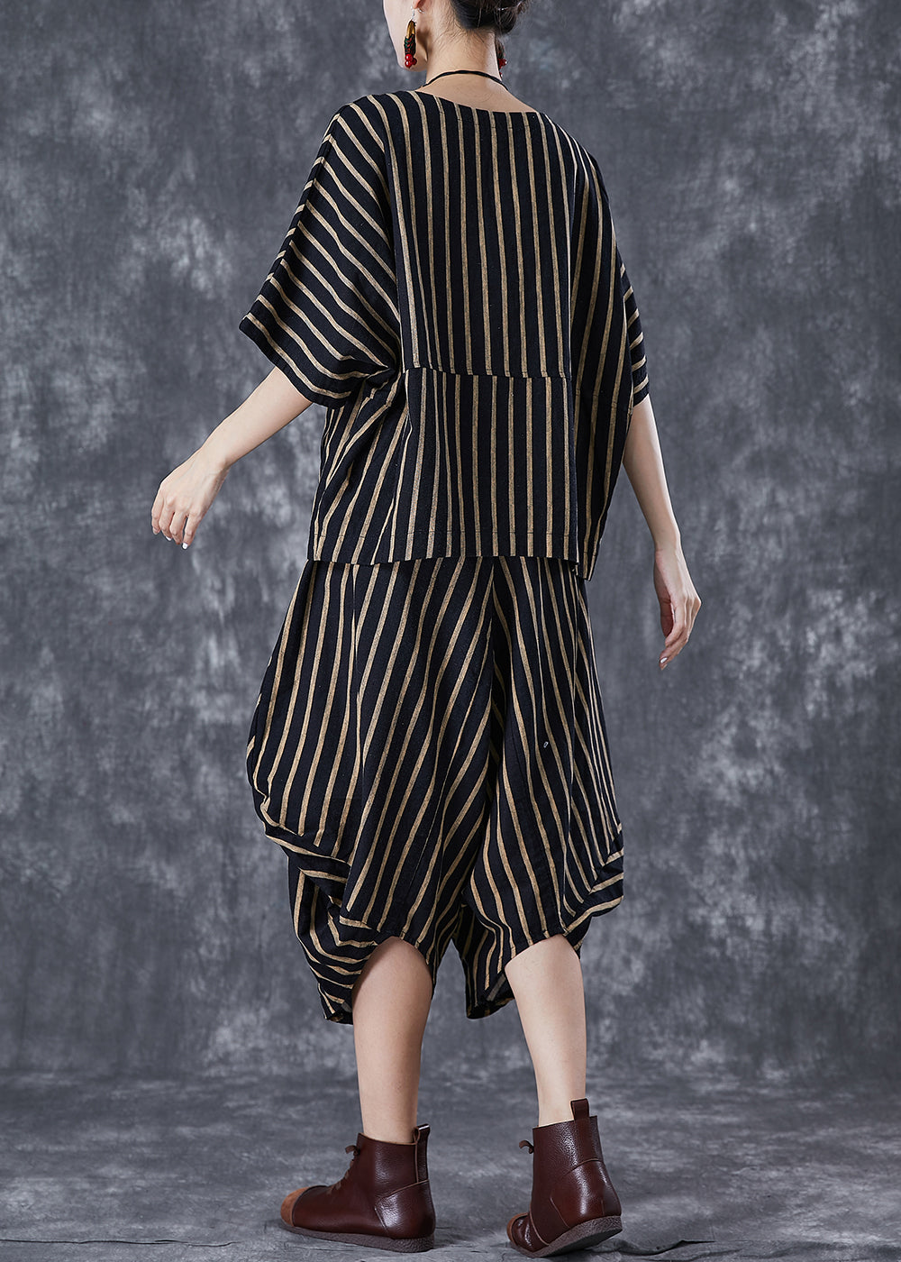 Elegant Black Oversized Striped Linen Women Sets 2 Pieces Summer TD1050 - fabuloryshop