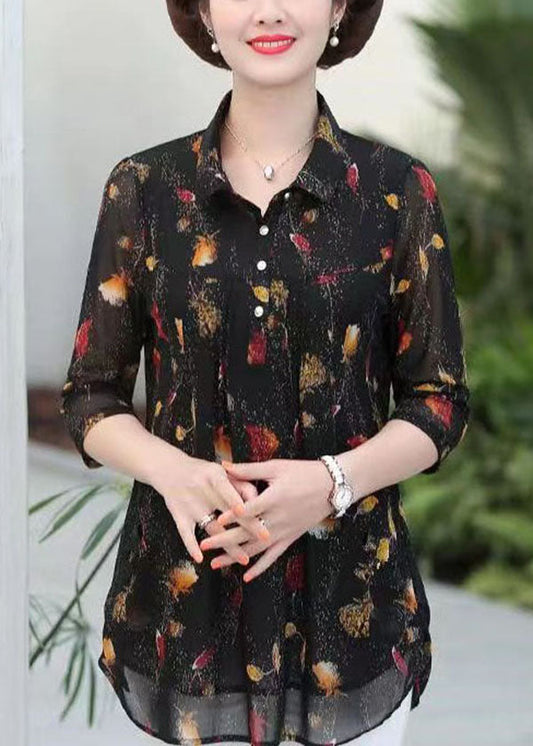 Elegant Black Peter Pan Collar Print Patchwork Silk Shirts Top Summer LY6714 - fabuloryshop