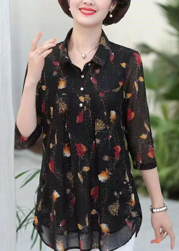 Elegant Black Peter Pan Collar Print Patchwork Silk Shirts Top Summer LY6714 - fabuloryshop