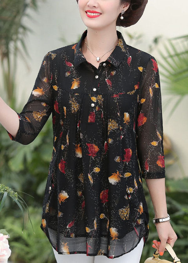 Elegant Black Peter Pan Collar Print Patchwork Silk Shirts Top Summer LY6714 - fabuloryshop