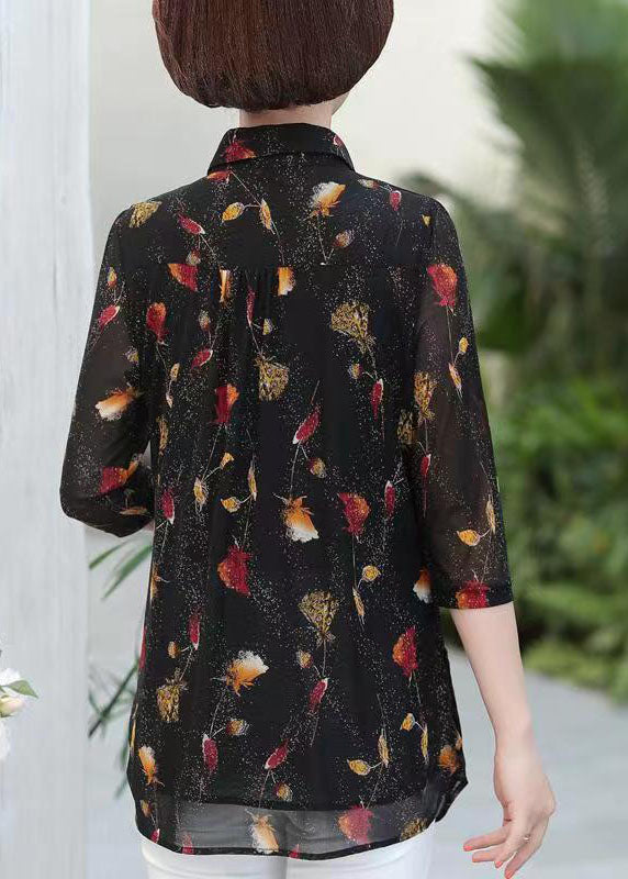 Elegant Black Peter Pan Collar Print Patchwork Silk Shirts Top Summer LY6714 - fabuloryshop