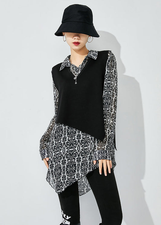 Elegant Black Print Asymmetrical Design Chiffon Two Piece Set Women Clothing Spring LY0847 - fabuloryshop