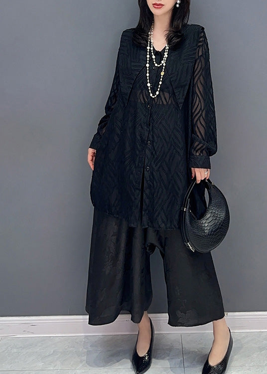 Elegant Black Print Button Chiffon Shirts And Wide Leg Pants Two Pieces Set Summer LY4325 - fabuloryshop