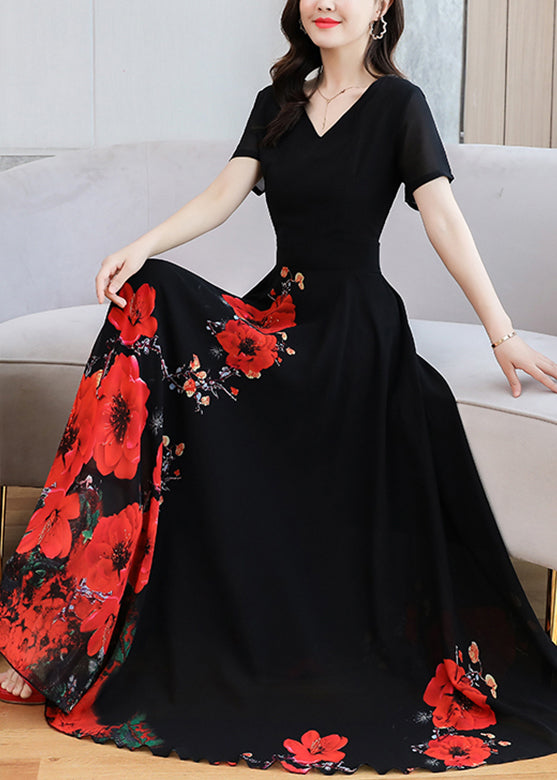 Elegant Black Print Chiffon Maxi Holiday Dress Summer LY1705 - fabuloryshop