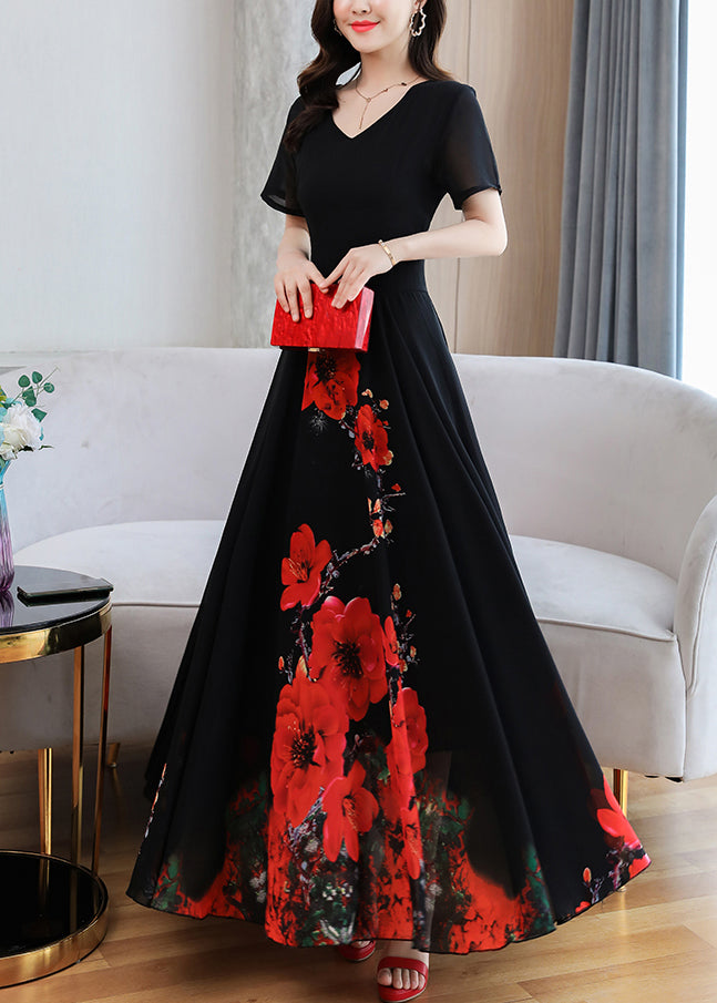 Elegant Black Print Chiffon Maxi Holiday Dress Summer LY1705 - fabuloryshop