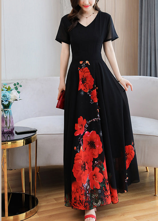 Elegant Black Print Chiffon Maxi Holiday Dress Summer LY1705 - fabuloryshop