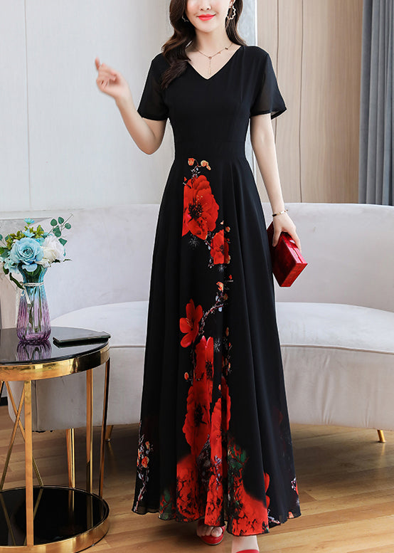 Elegant Black Print Chiffon Maxi Holiday Dress Summer LY1705 - fabuloryshop