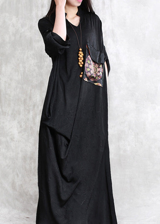 Elegant Black Print Patchwork Linen Maxi Dress Half Sleeve LY5187 - fabuloryshop