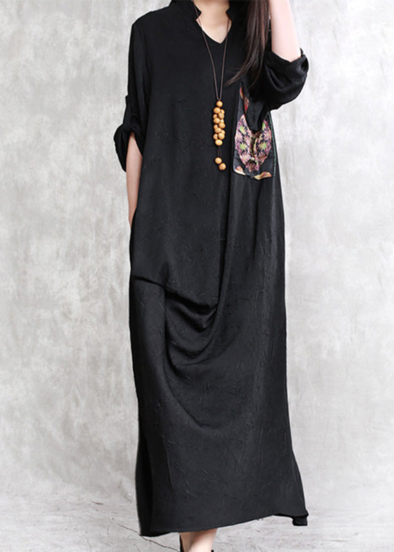 Elegant Black Print Patchwork Linen Maxi Dress Half Sleeve LY5187 - fabuloryshop