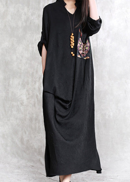 Elegant Black Print Patchwork Linen Maxi Dress Half Sleeve LY5187 - fabuloryshop