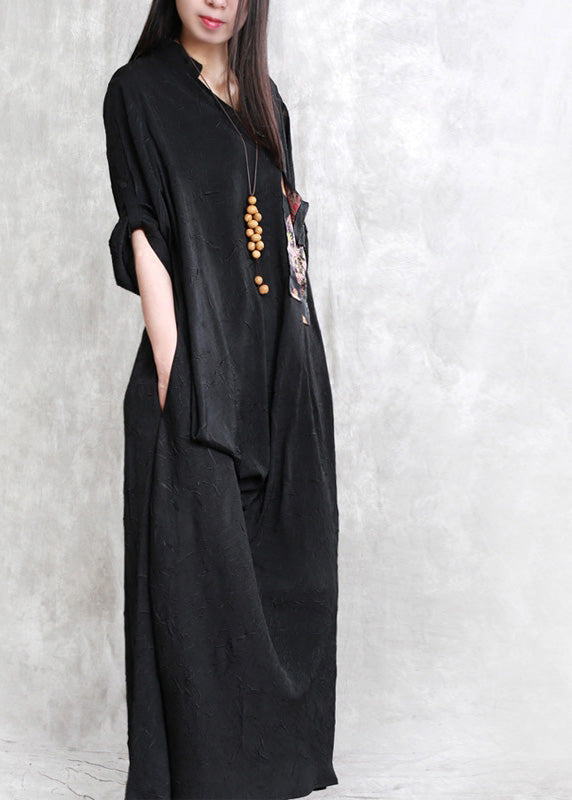 Elegant Black Print Patchwork Linen Maxi Dress Half Sleeve LY5187 - fabuloryshop