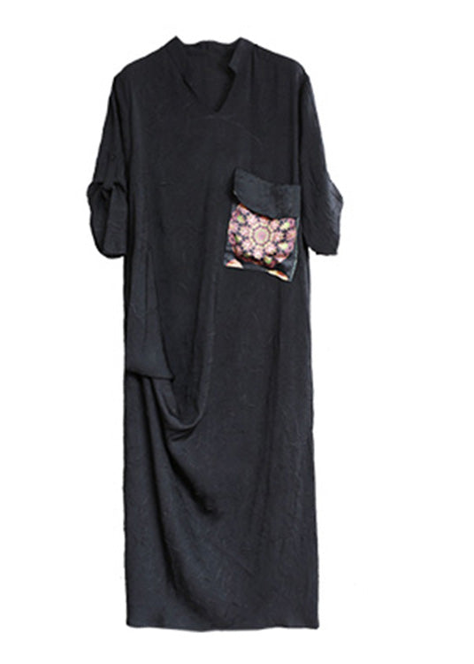 Elegant Black Print Patchwork Linen Maxi Dress Half Sleeve LY5187 - fabuloryshop