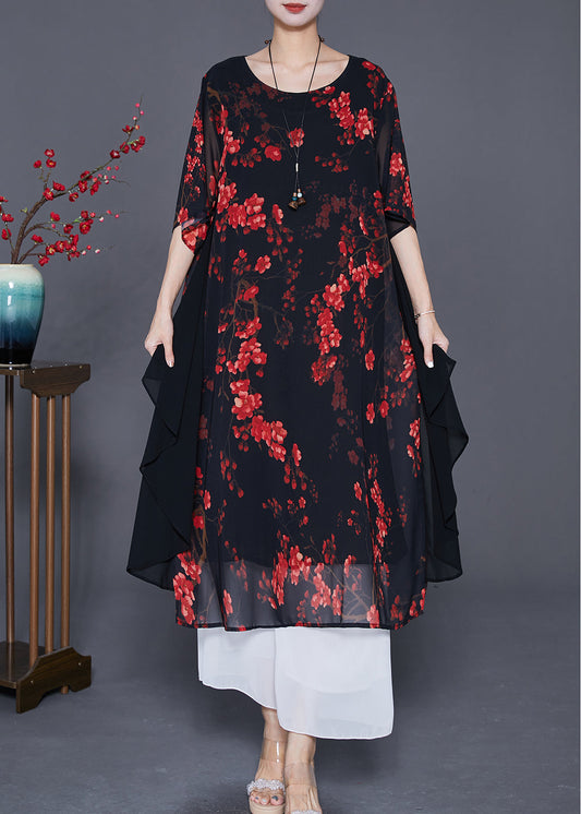 Elegant Black Print Patchwork Ruffles Chiffon Dresses Summer Ada Fashion