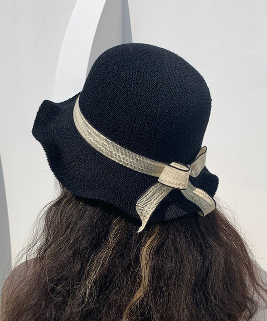 Elegant Black Ruffled Bow Straw Woven Floppy Sun Hat LY505 - fabuloryshop