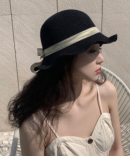 Elegant Black Ruffled Bow Straw Woven Floppy Sun Hat LY505 - fabuloryshop