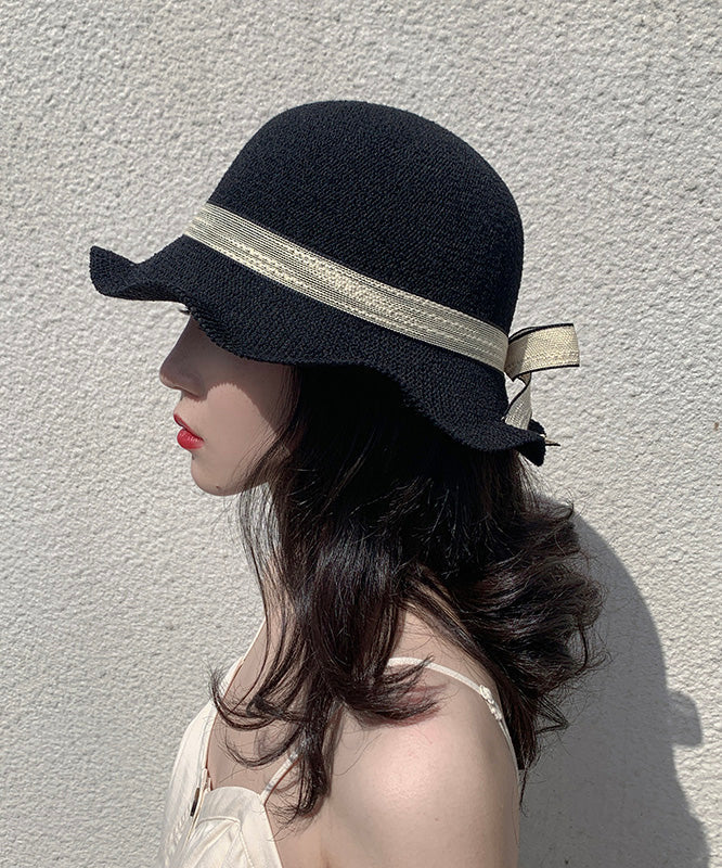 Elegant Black Ruffled Bow Straw Woven Floppy Sun Hat LY505 - fabuloryshop